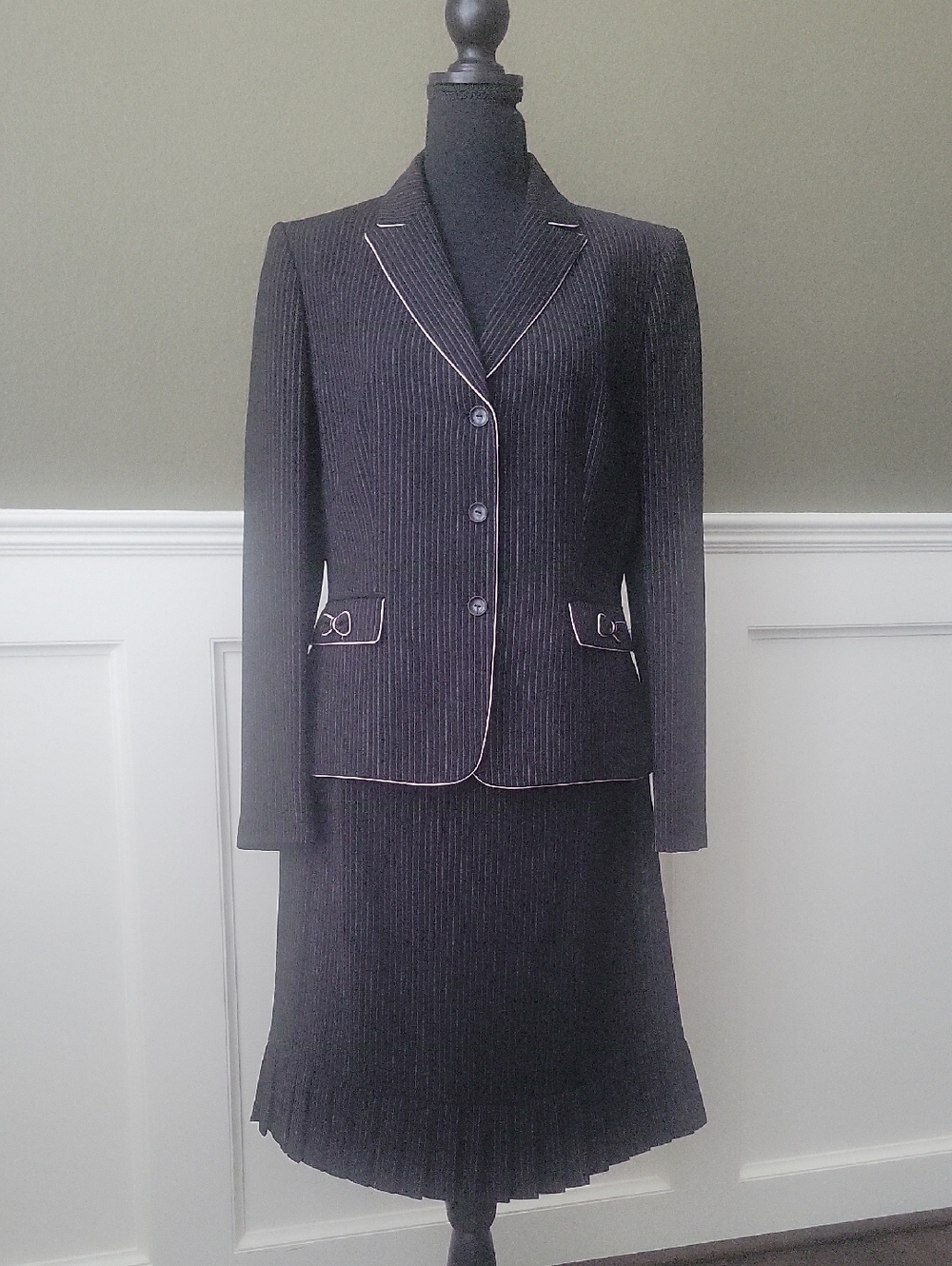 Womens Black Pinstripe Skirt Suit Jacket with White Piping